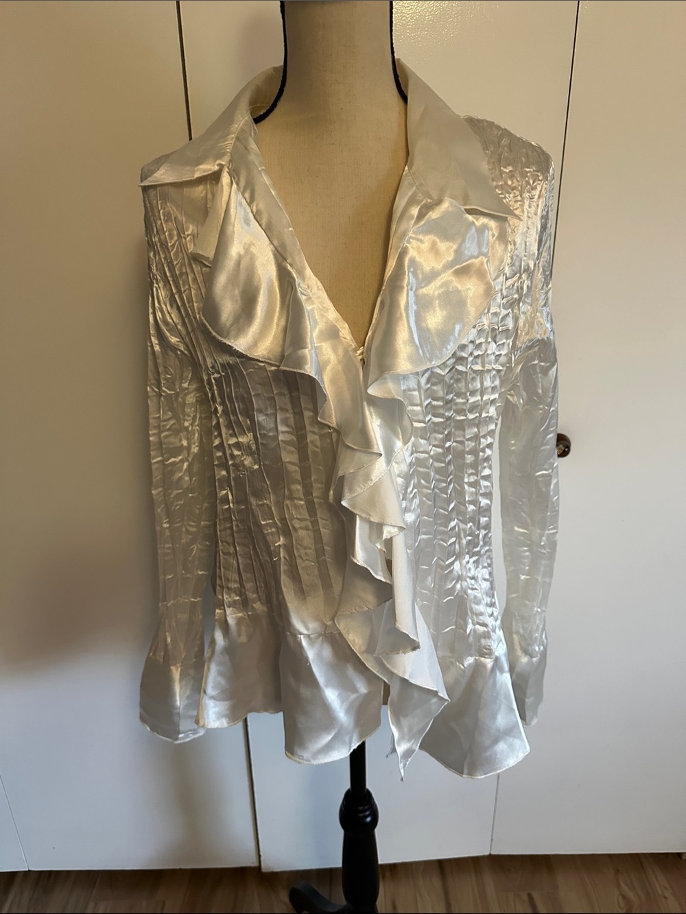 Elegant Ruffled Satin Blouse - Ivory
